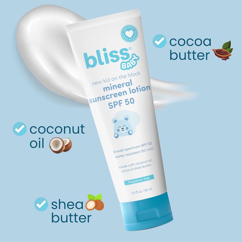 BLISS واقي شمس للأطفال، لوشن معدني فائق الجودة SPF 50، أكسيد الزنك الطبيعي، مضاد للحساسية، غير سام، مقاوم للماء، نباتي، للبشرة الحساسة - للأطفال، والرضع، والأطفال، والعائلة بأكملها - Image 4
